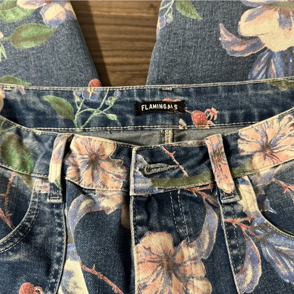 Flamingals Floral Denim High-waisted Shorts, Small - Picture 3 of 5